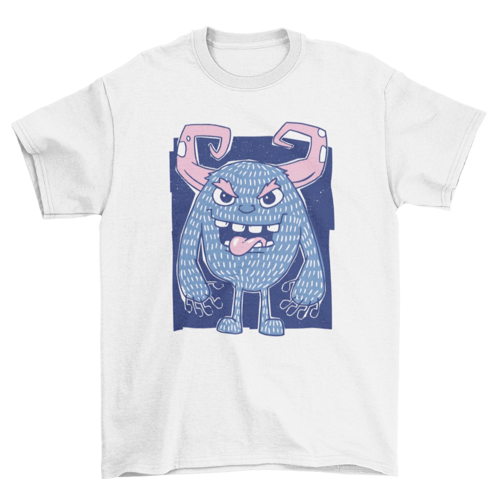 A colorful t-shirt featuring a cartoon monster with horns, showcasing a playful design.