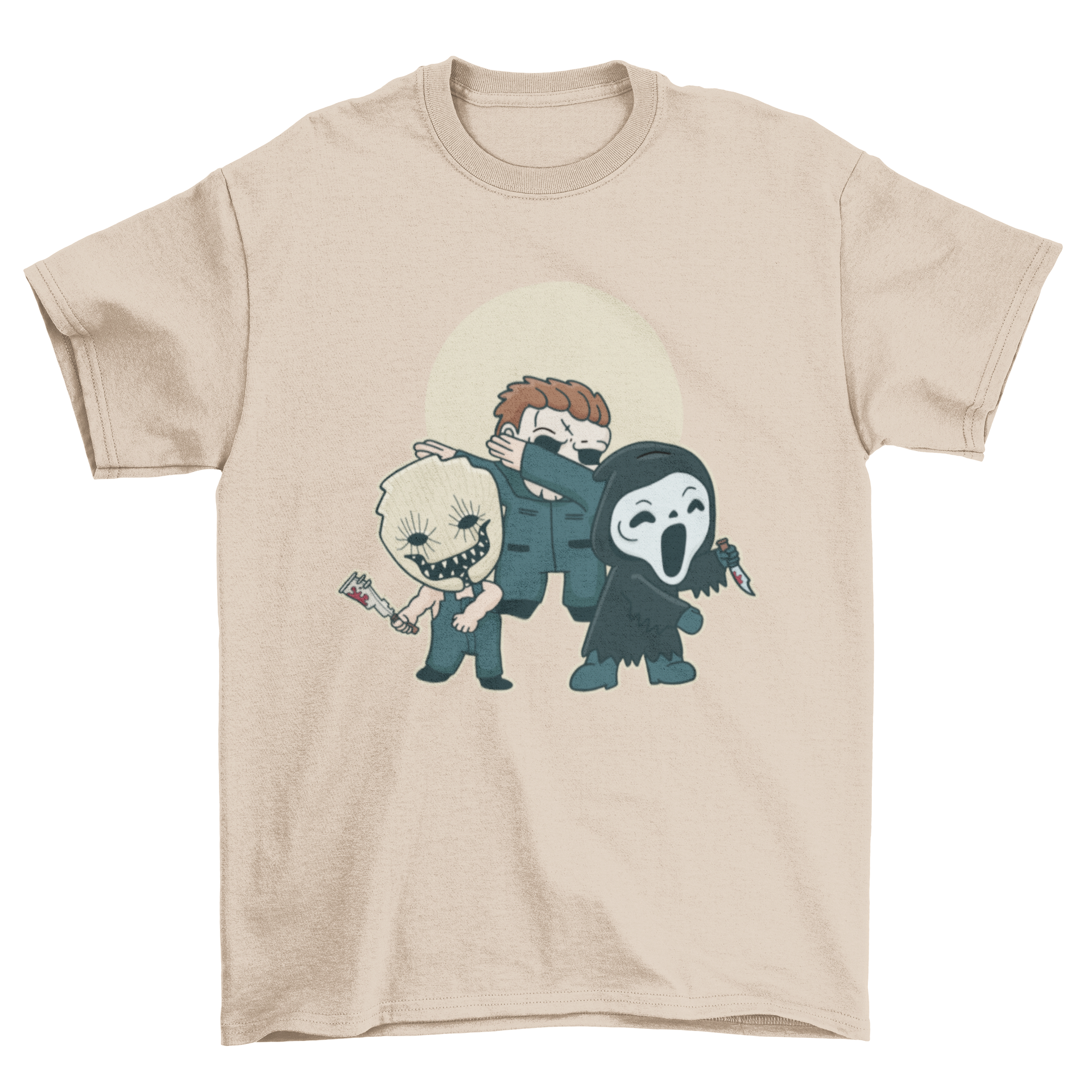 A vibrant t-shirt featuring cartoon-style horror characters like vampires and zombies, perfect for horror fans.