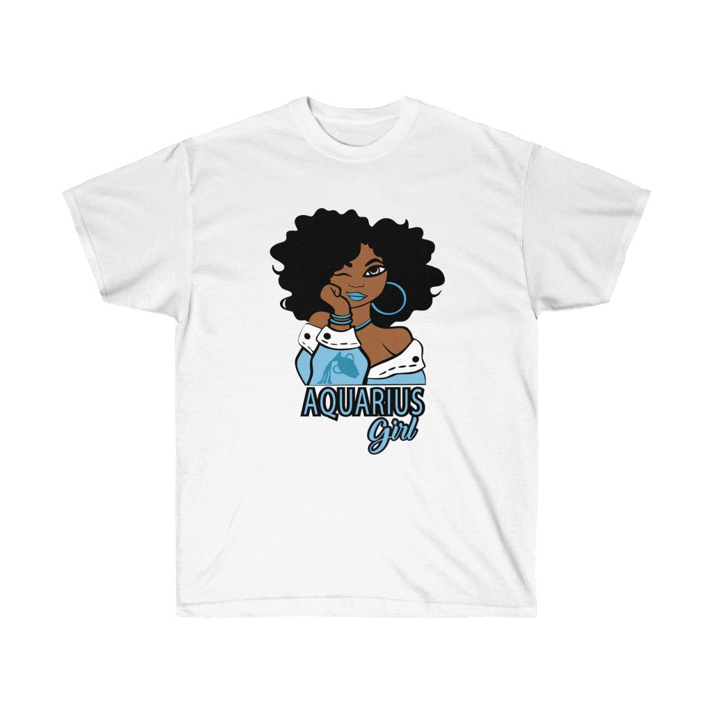 A stylish black t-shirt featuring an Afro Queen design representing the Aquarius zodiac sign, made from soft cotton.