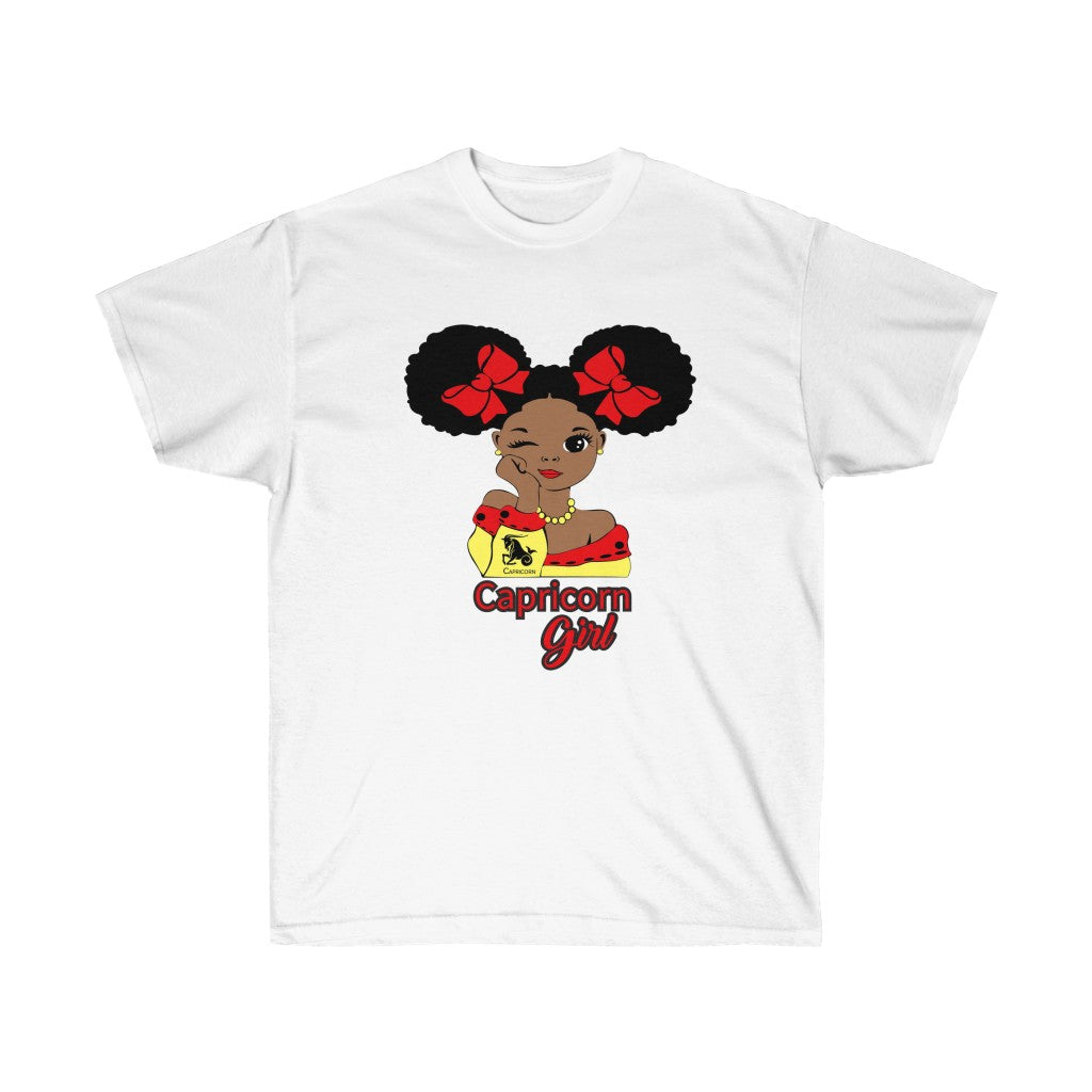 A stylish Capricorn zodiac t-shirt featuring an Afro Black girl illustration, perfect for astrology enthusiasts.