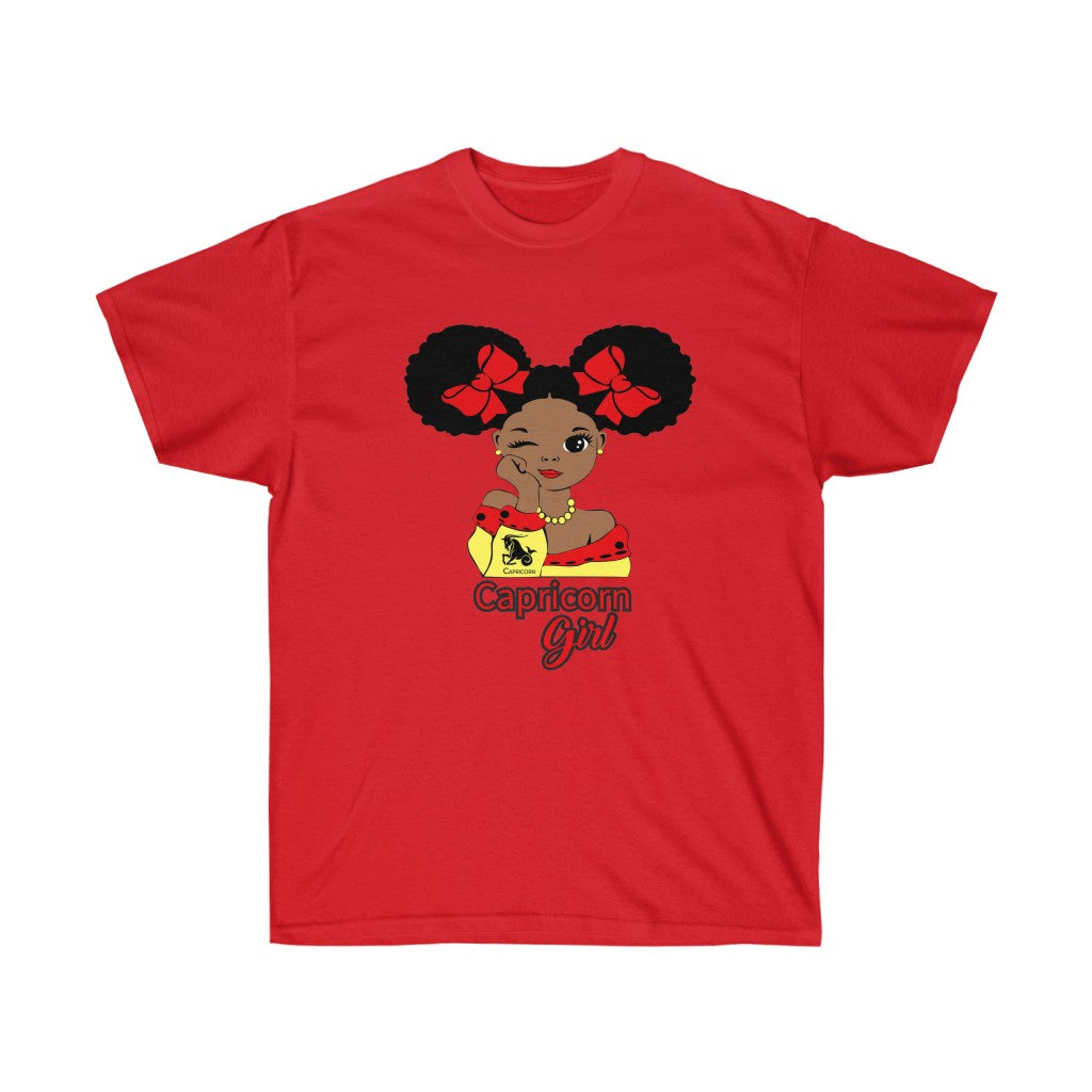 A stylish Capricorn zodiac t-shirt featuring an Afro Black girl illustration, perfect for astrology enthusiasts.