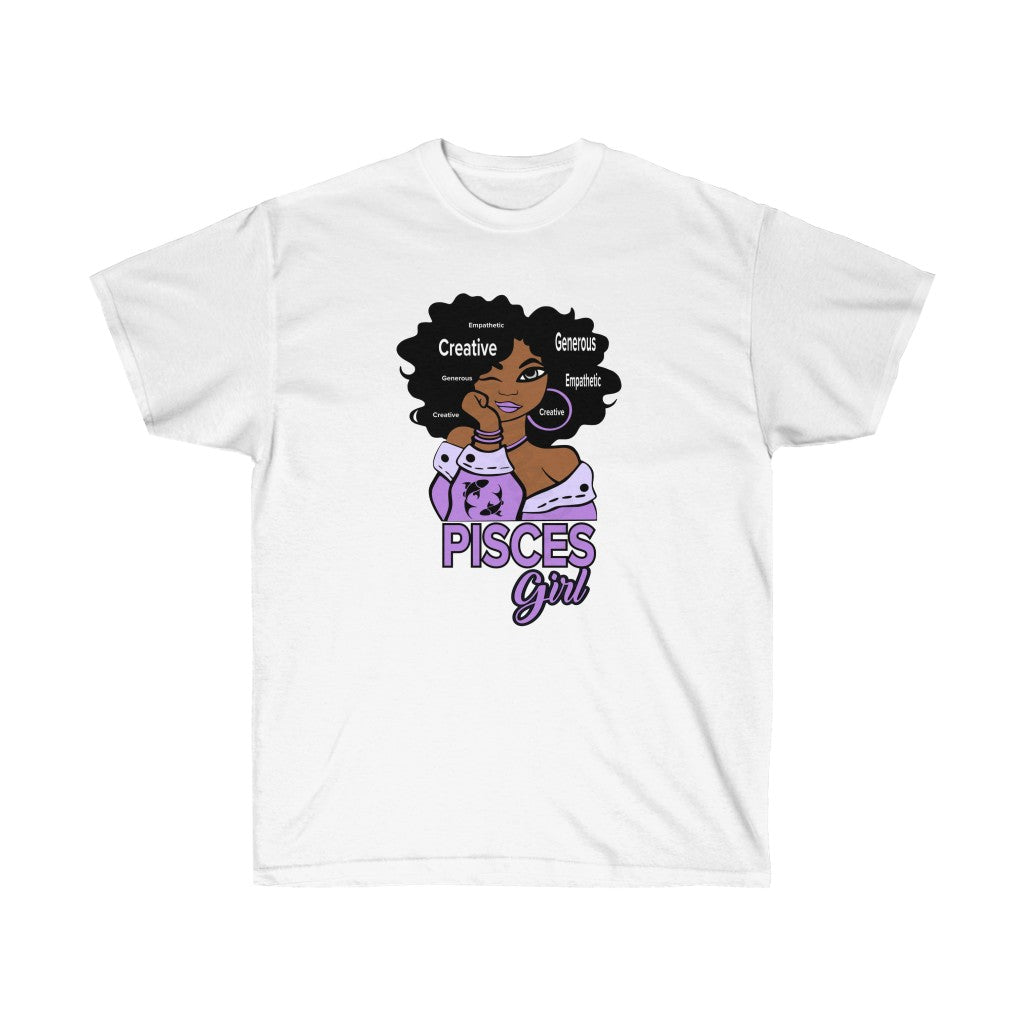Pisces Birthday Girl T-Shirt featuring Afro Black Girl design, made from soft cotton with vibrant vinyl print.