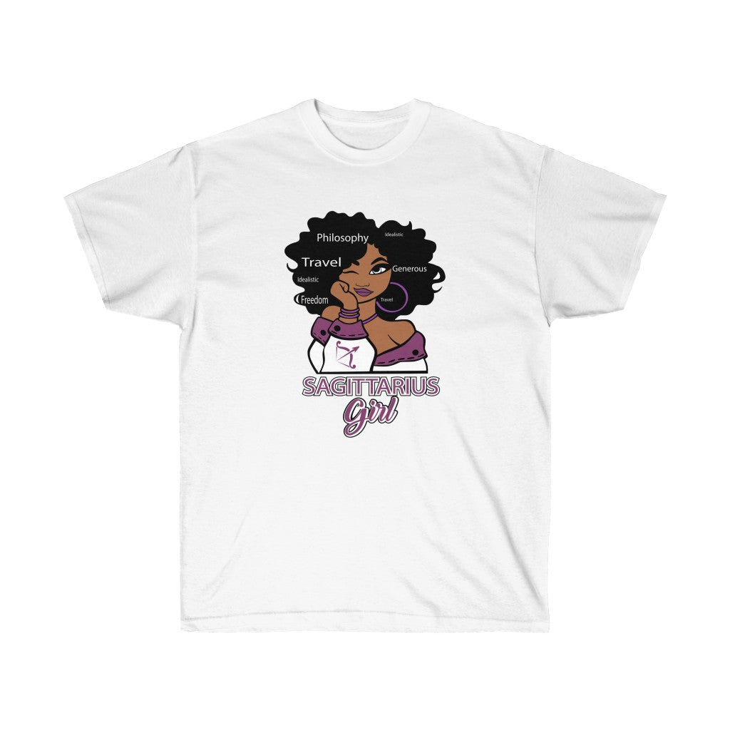 A stylish black T-shirt featuring an Afro girl design representing the Sagittarius zodiac sign, made from soft cotton.