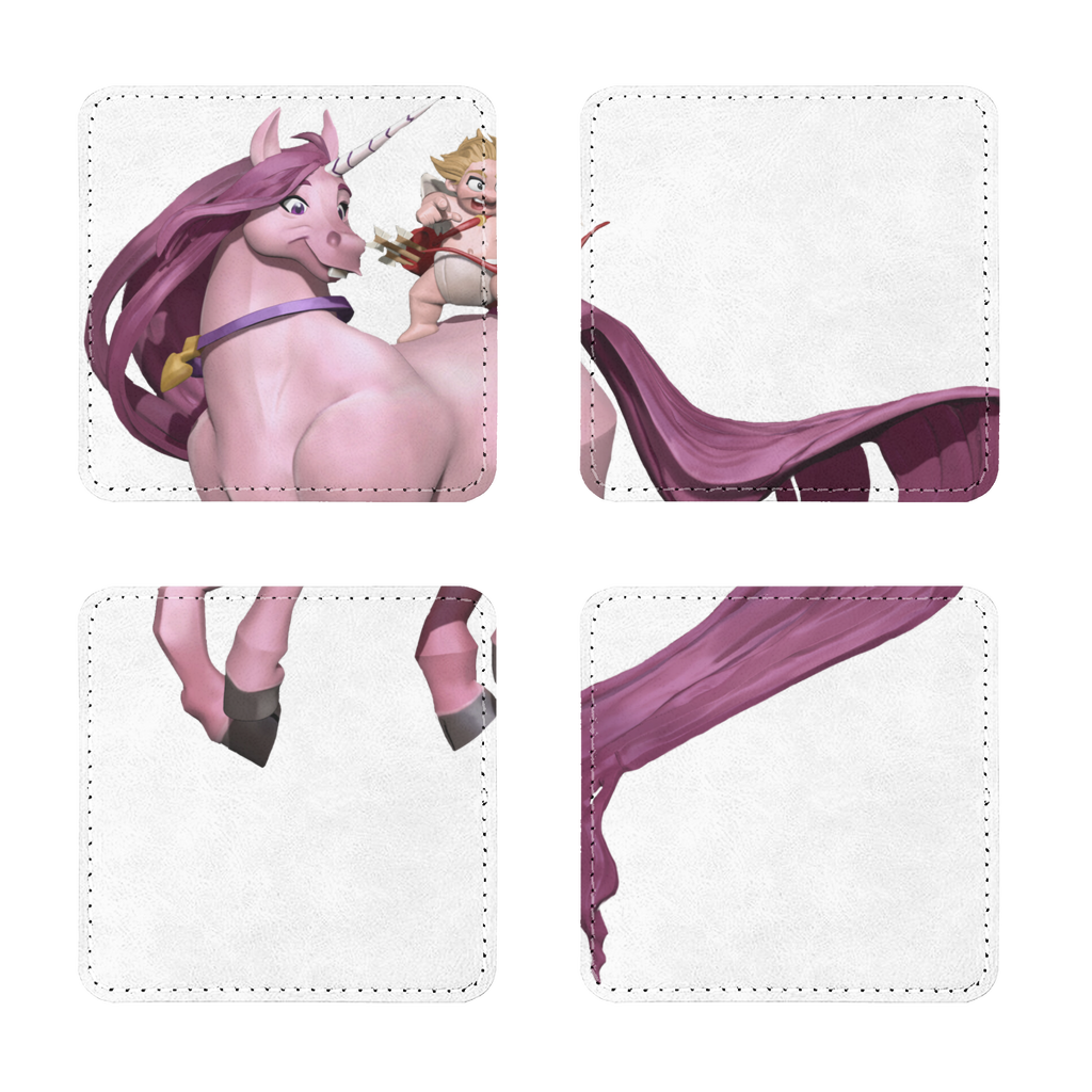 Pack of four Horse and Baby Cupid sublimation coasters made from PU leather, featuring stylish designs and white stitching.