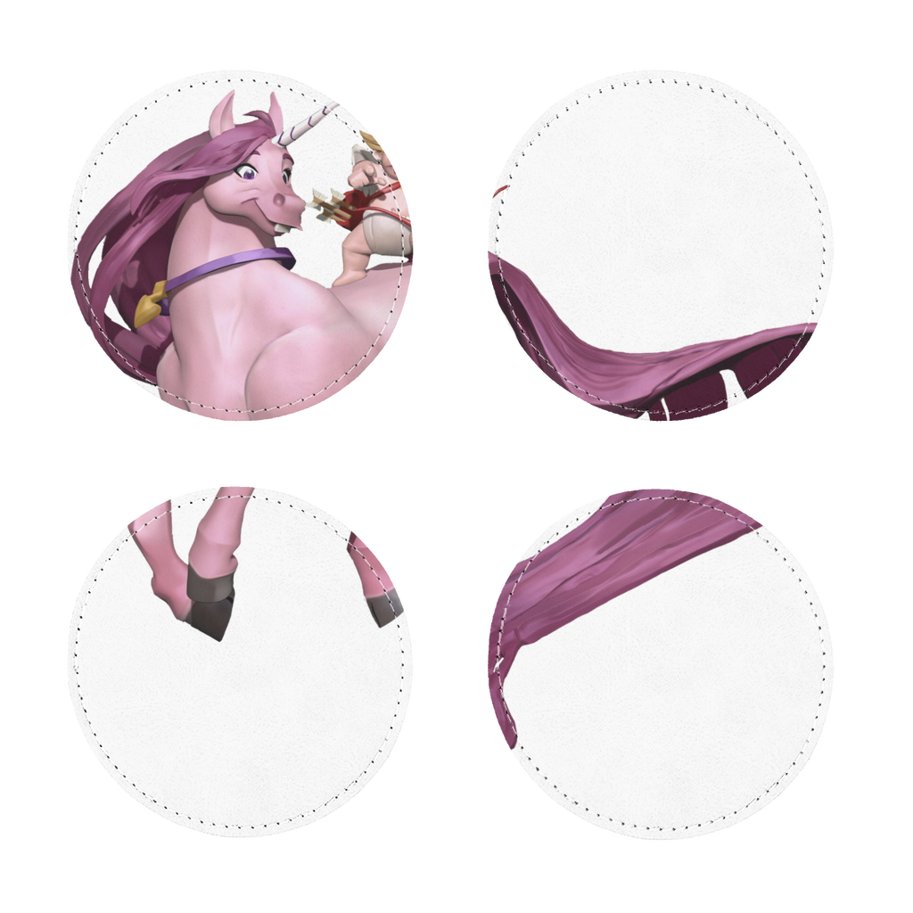 Pack of four Horse and Baby Cupid sublimation coasters made from PU leather, featuring stylish designs and white stitching.