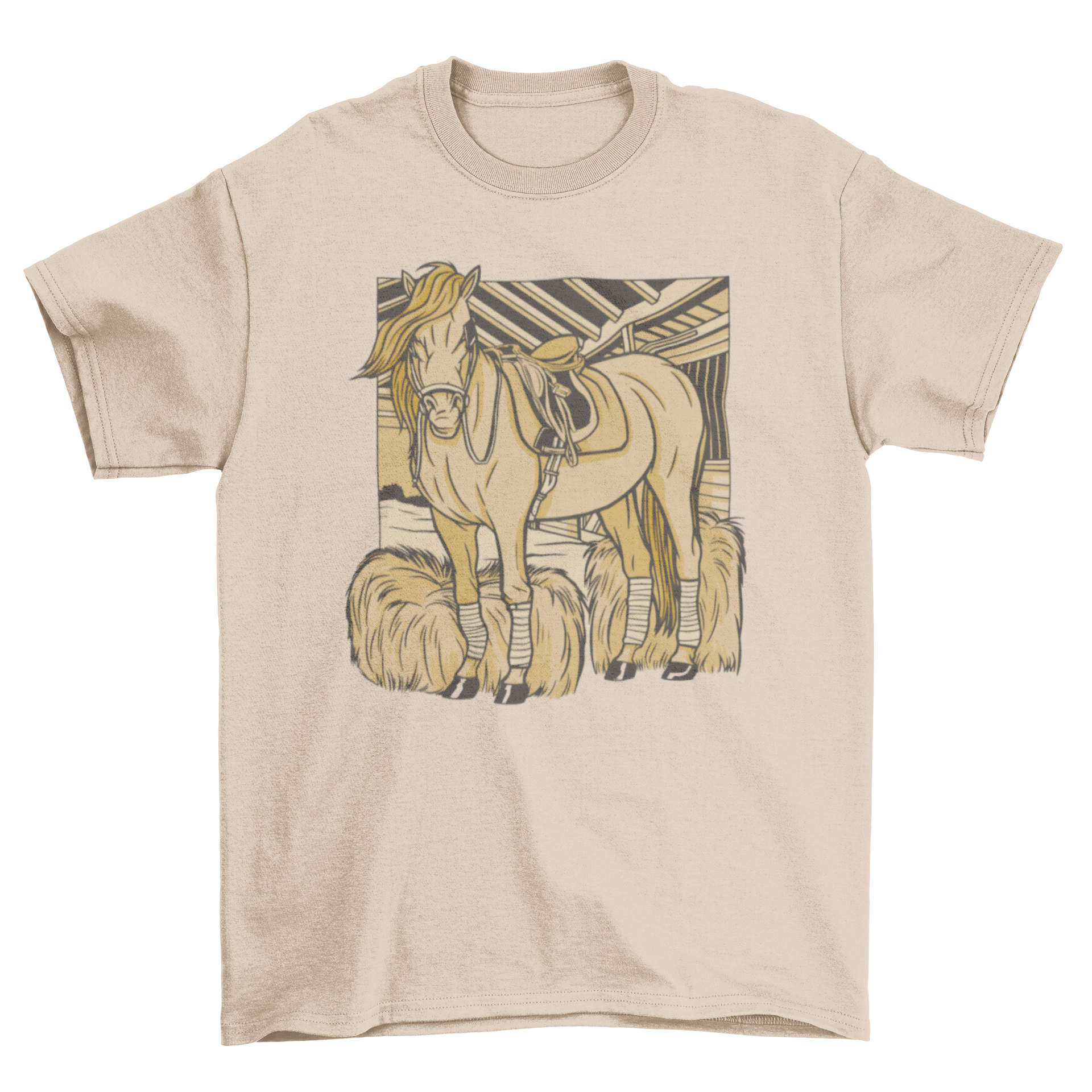 A stylish t-shirt featuring a graphic of a horse in a stable, perfect for horse enthusiasts.