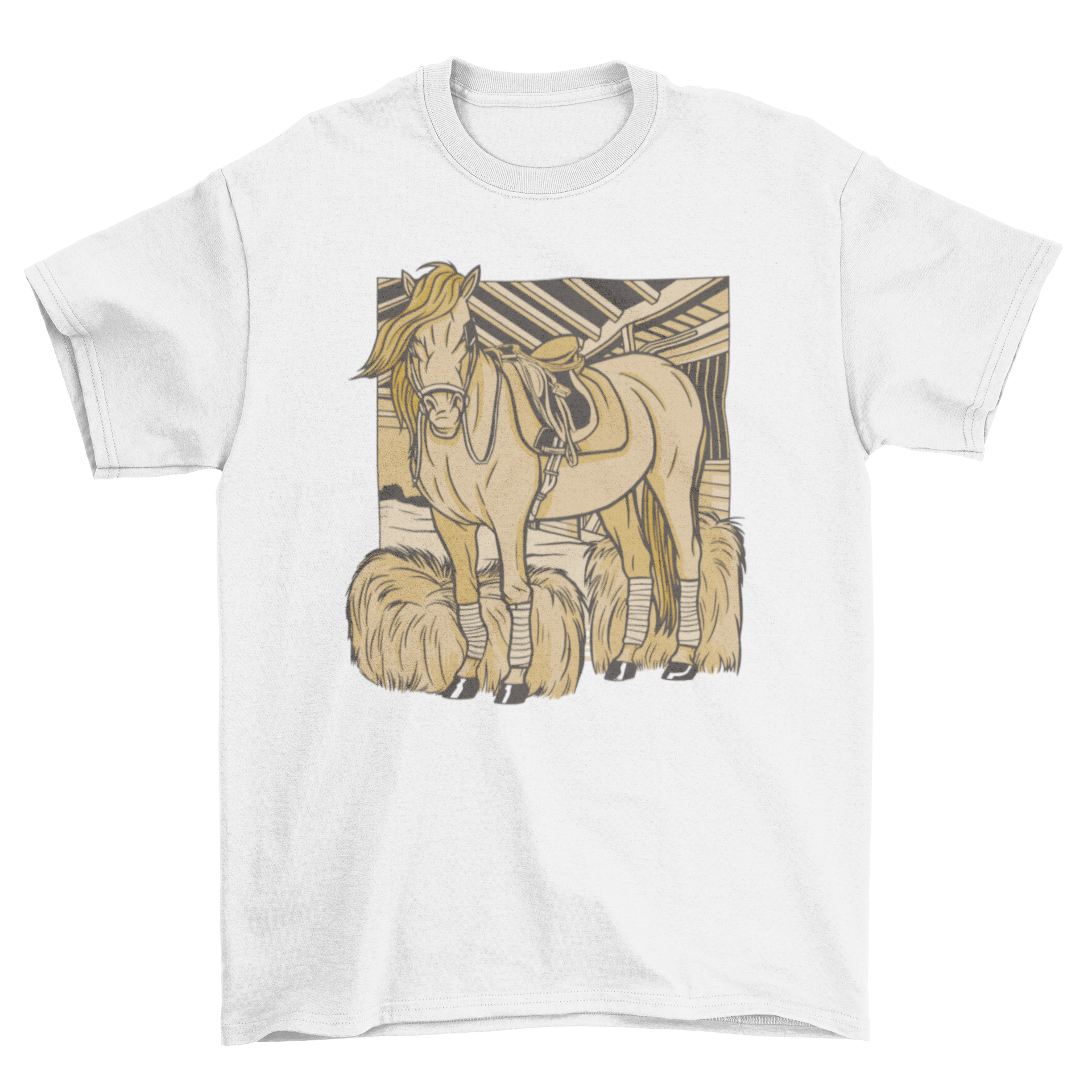 A stylish t-shirt featuring a graphic of a horse in a stable, perfect for horse enthusiasts.