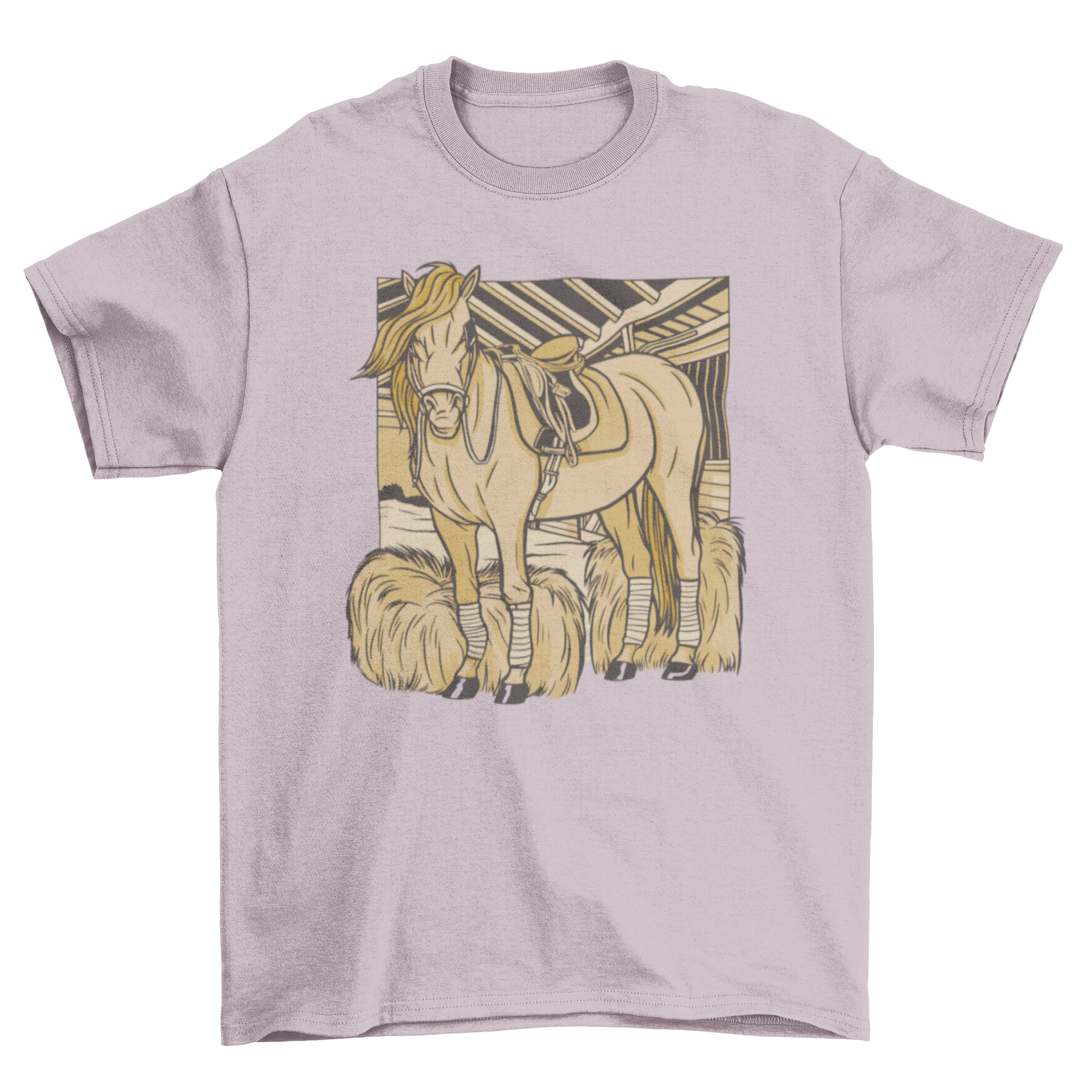 A stylish t-shirt featuring a graphic of a horse in a stable, perfect for horse enthusiasts.