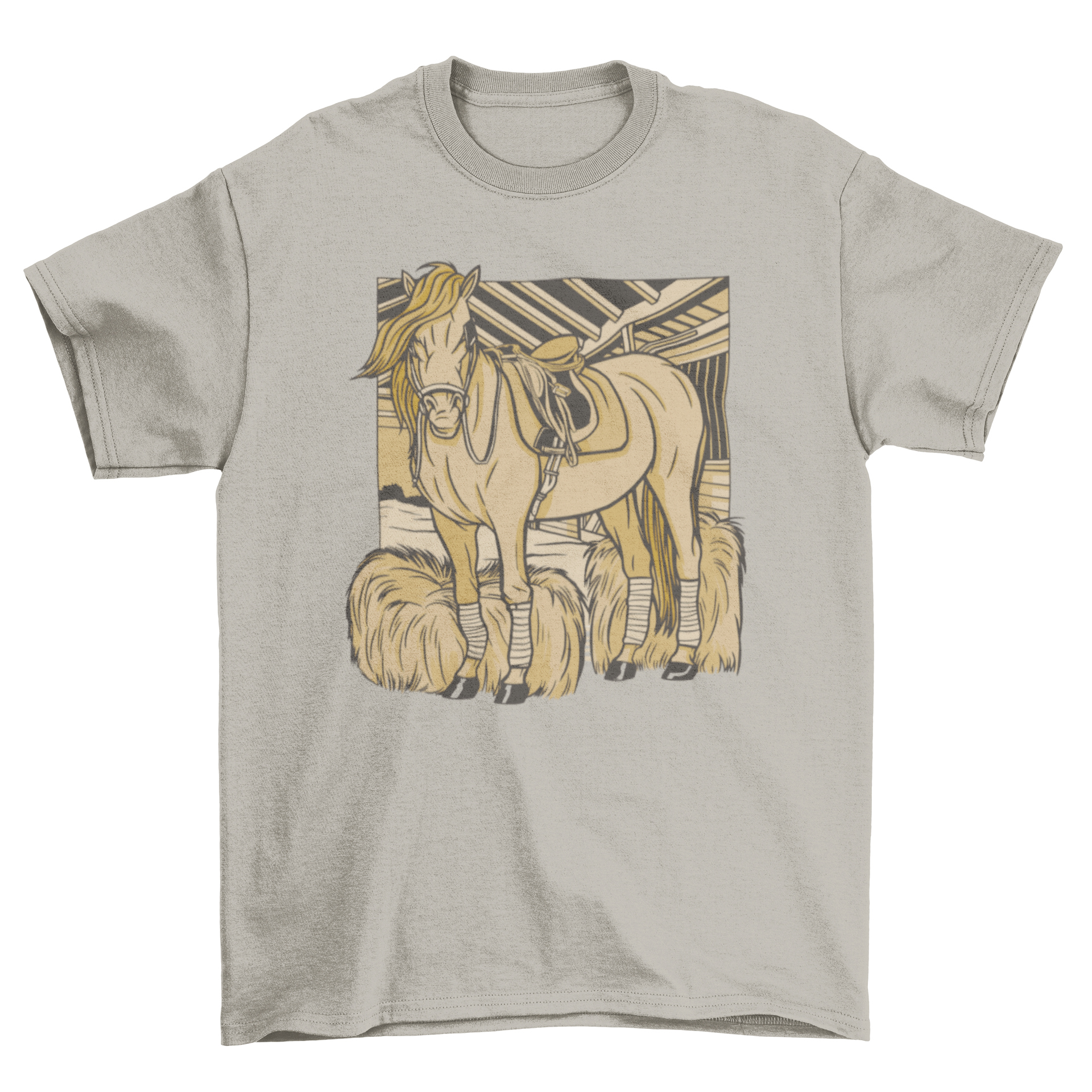 A stylish t-shirt featuring a graphic of a horse in a stable, perfect for horse enthusiasts.