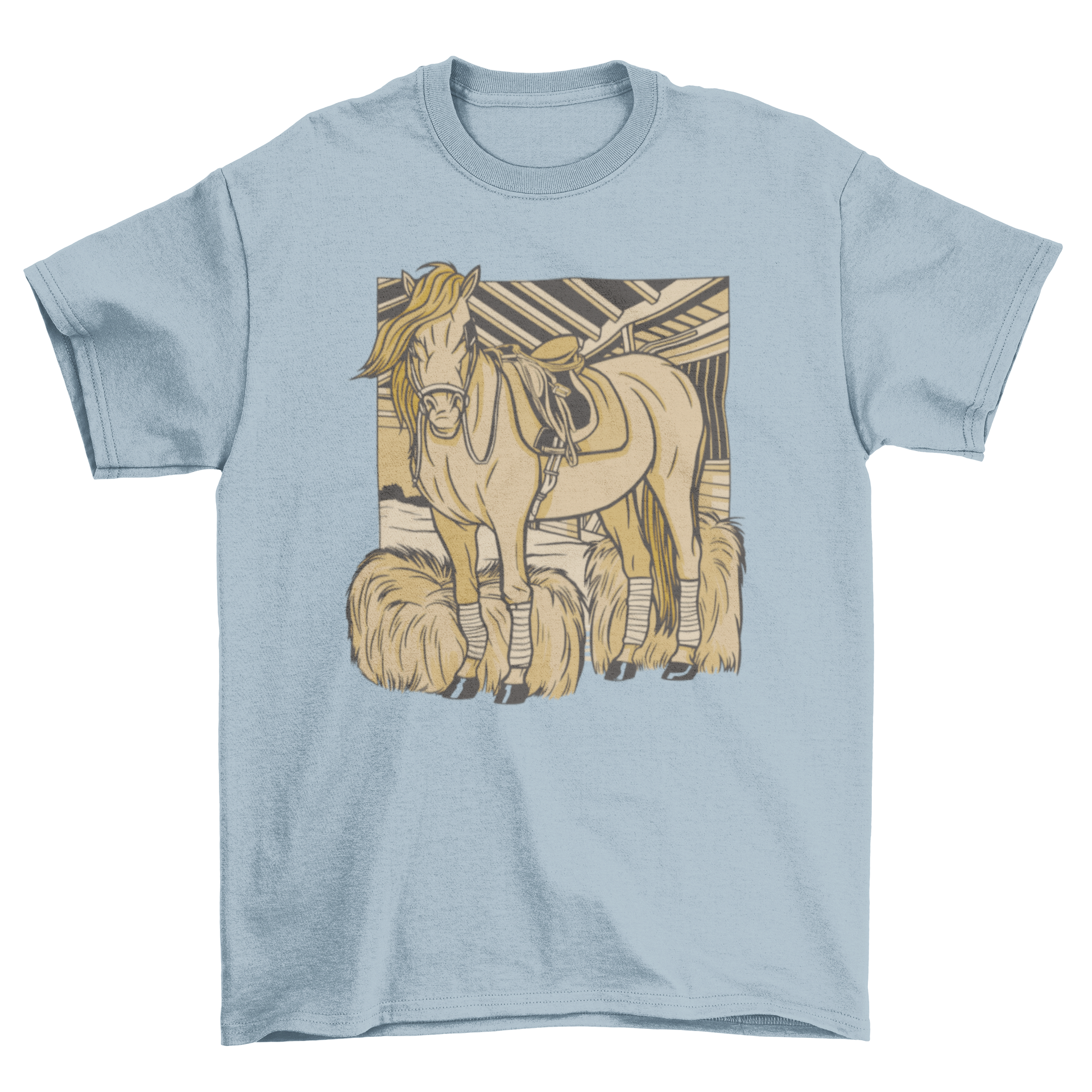 A stylish t-shirt featuring a graphic of a horse in a stable, perfect for horse enthusiasts.
