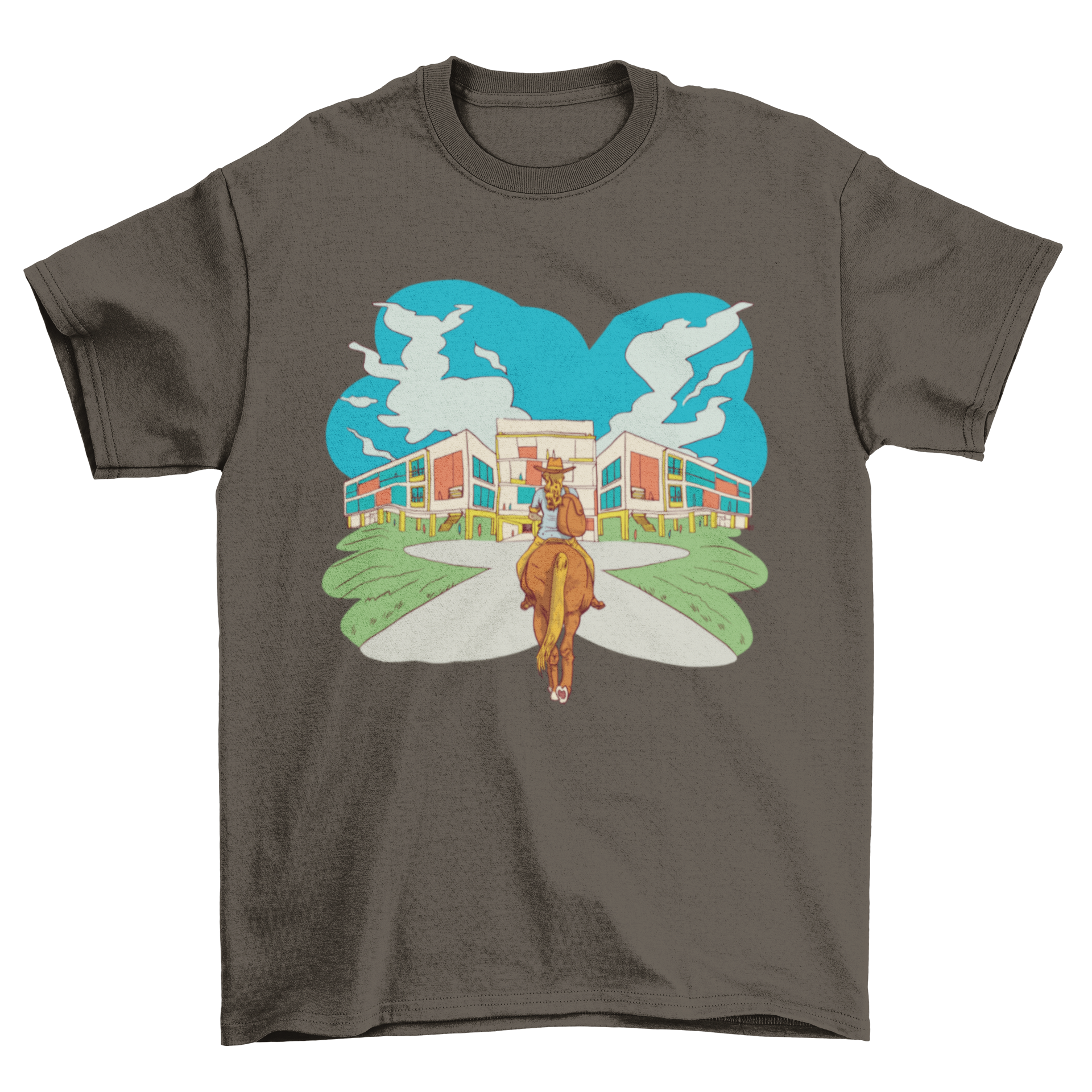 A stylish t-shirt featuring a girl riding a horse to school, perfect for equestrian enthusiasts.
