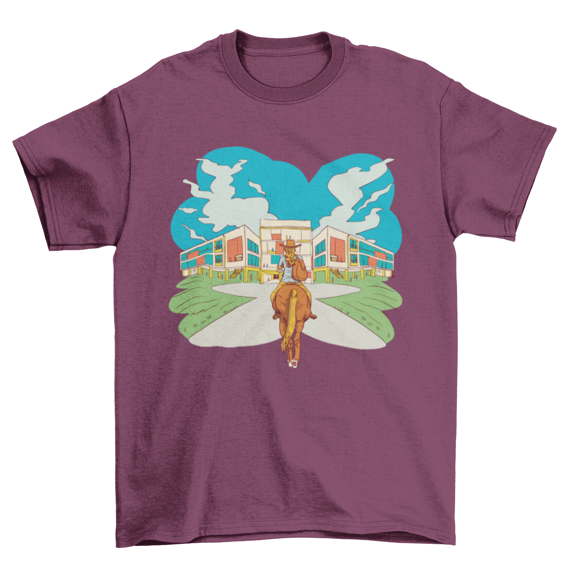 A stylish t-shirt featuring a girl riding a horse to school, perfect for equestrian enthusiasts.
