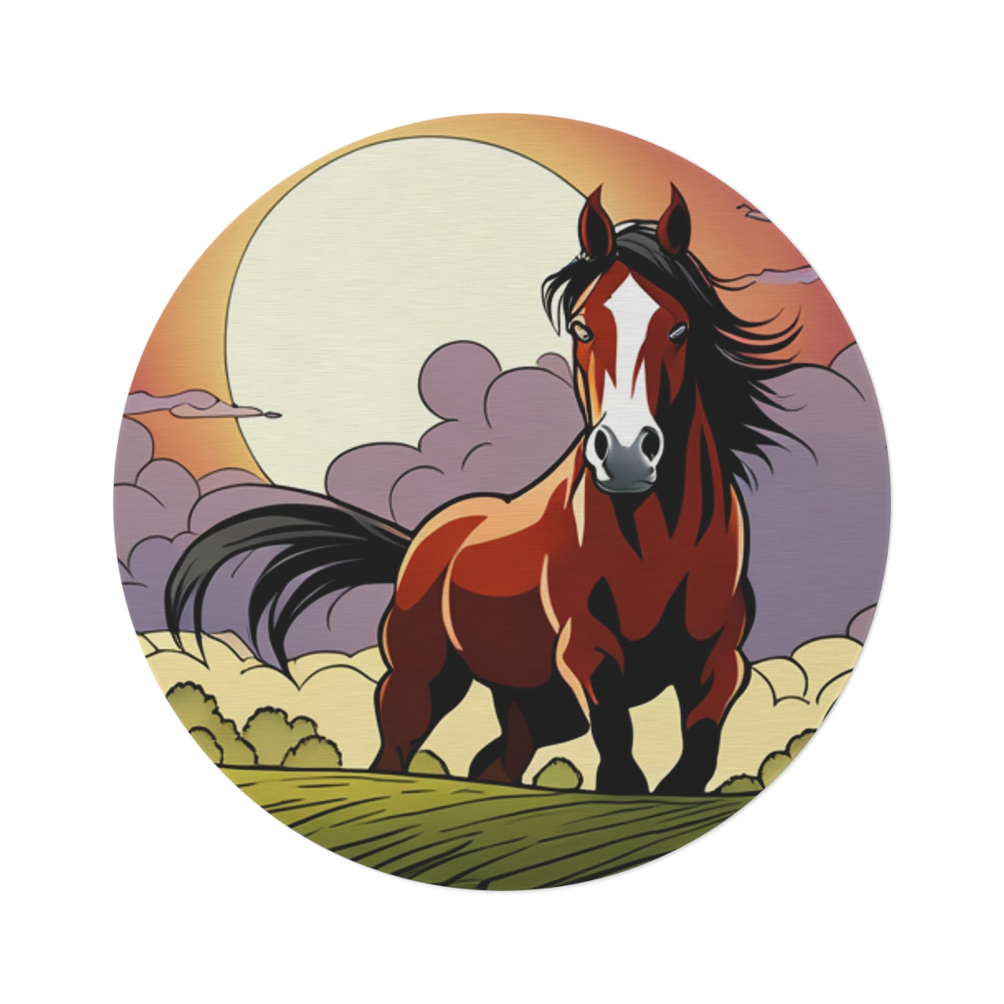 A round rug featuring a vibrant design of a horse grazing in lush green grass, made from 100% polyester chenille.