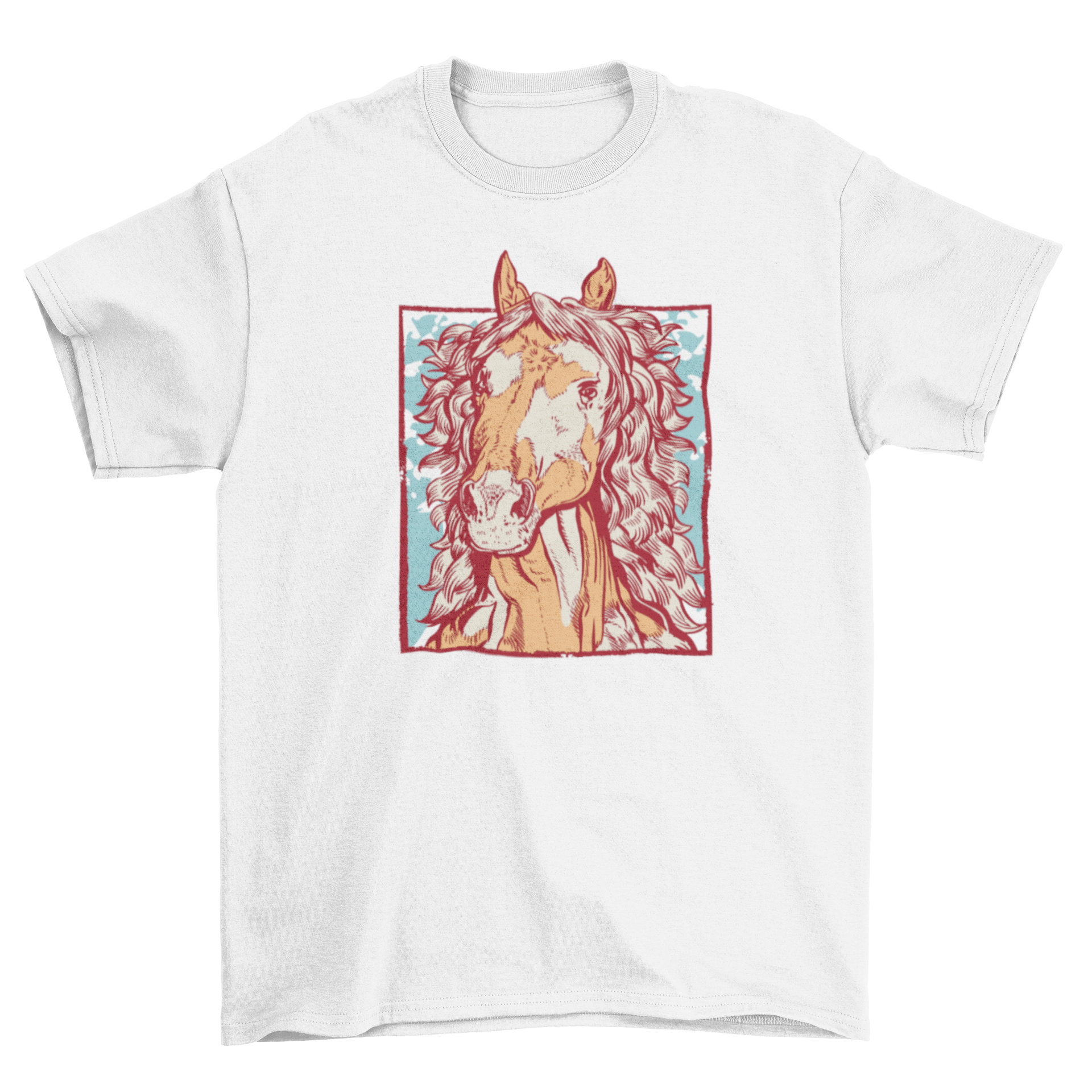 Colorful horse head design on a stylish t-shirt, perfect for horse lovers.