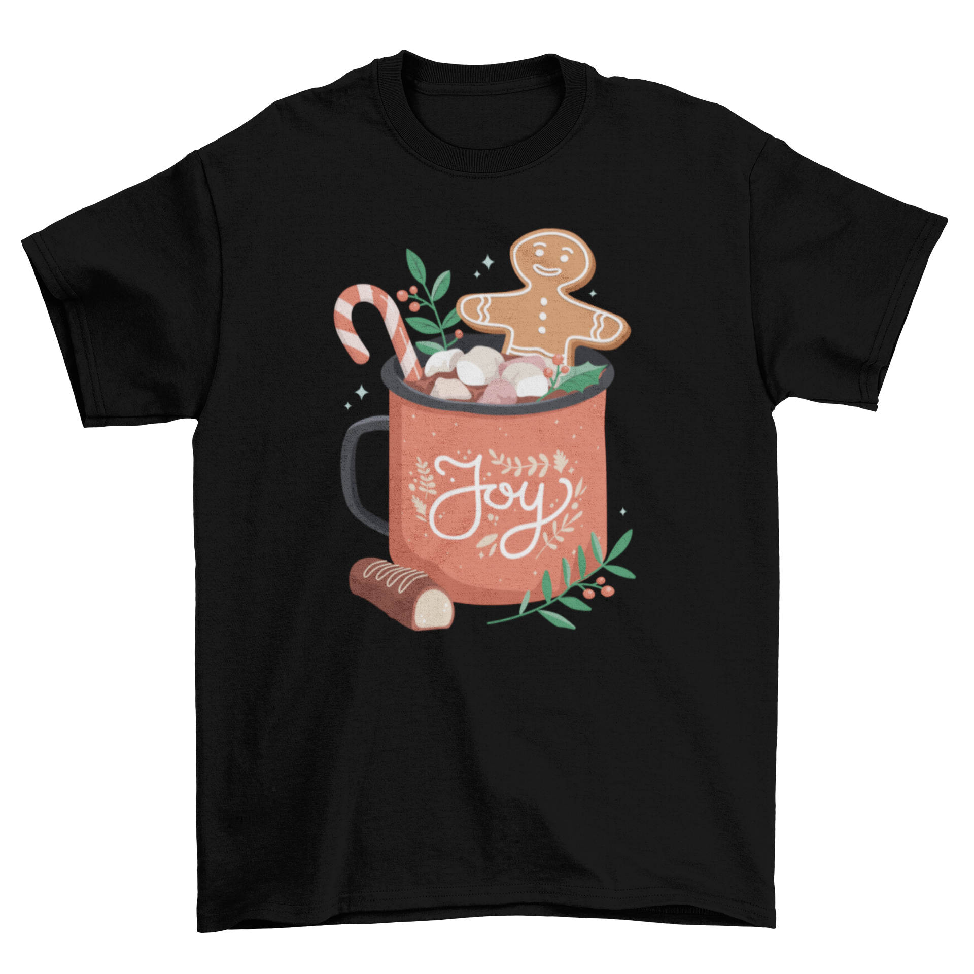 A festive Christmas t-shirt featuring a mug of hot cocoa and a gingerbread cookie illustration, perfect for holiday celebrations.