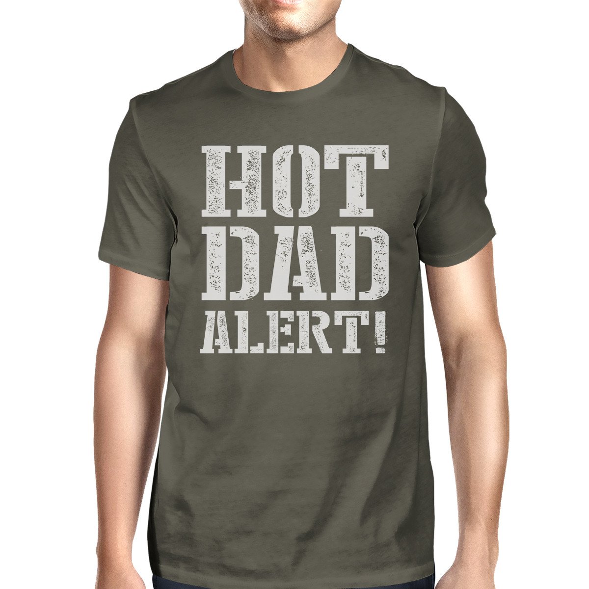 Men's dark gray round neck t-shirt with 'Hot Dad Alert' graphic design, made from 100% ring spun cotton.