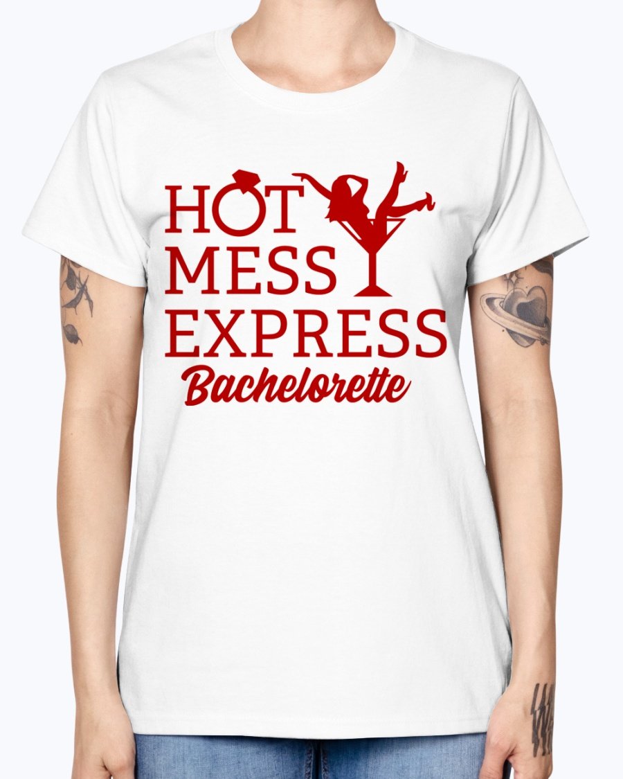Hot Mess Express Bachelorette T-Shirt in various colors, featuring a scoop neck and cap sleeves, perfect for bridal parties.