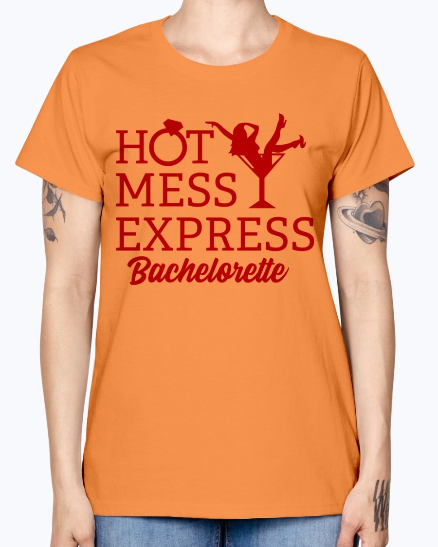 Hot Mess Express Bachelorette T-Shirt in various colors, featuring a scoop neck and cap sleeves, perfect for bridal parties.