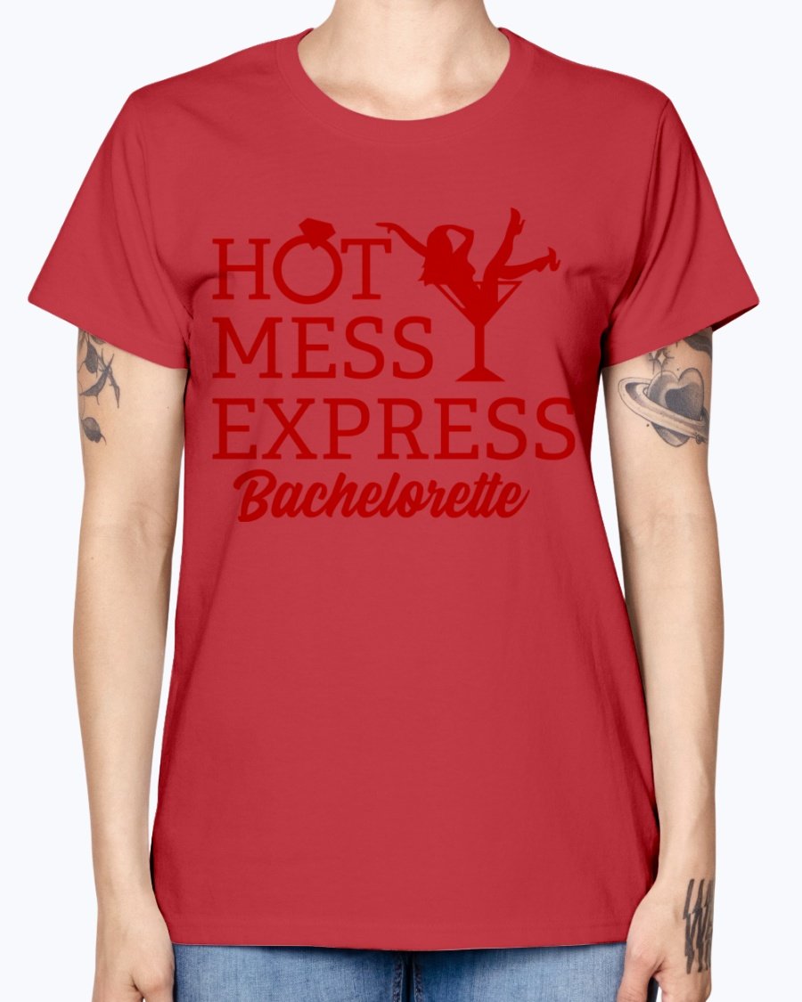 Hot Mess Express Bachelorette T-Shirt in various colors, featuring a scoop neck and cap sleeves, perfect for bridal parties.