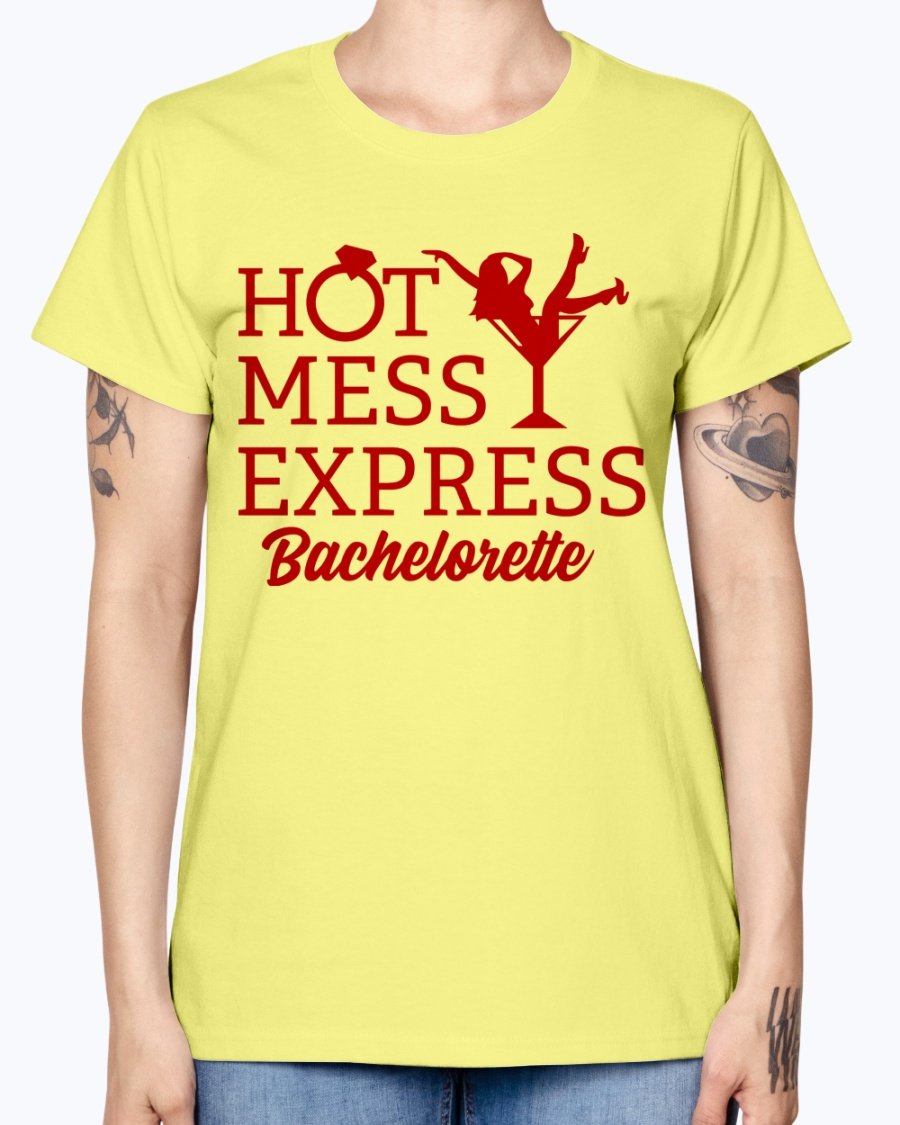 Hot Mess Express Bachelorette T-Shirt in various colors, featuring a scoop neck and cap sleeves, perfect for bridal parties.