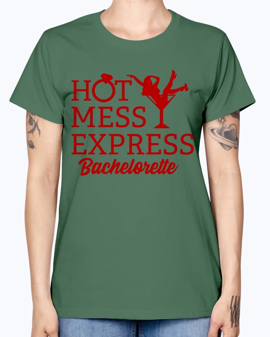 Hot Mess Express Bachelorette T-Shirt in various colors, featuring a scoop neck and cap sleeves, perfect for bridal parties.