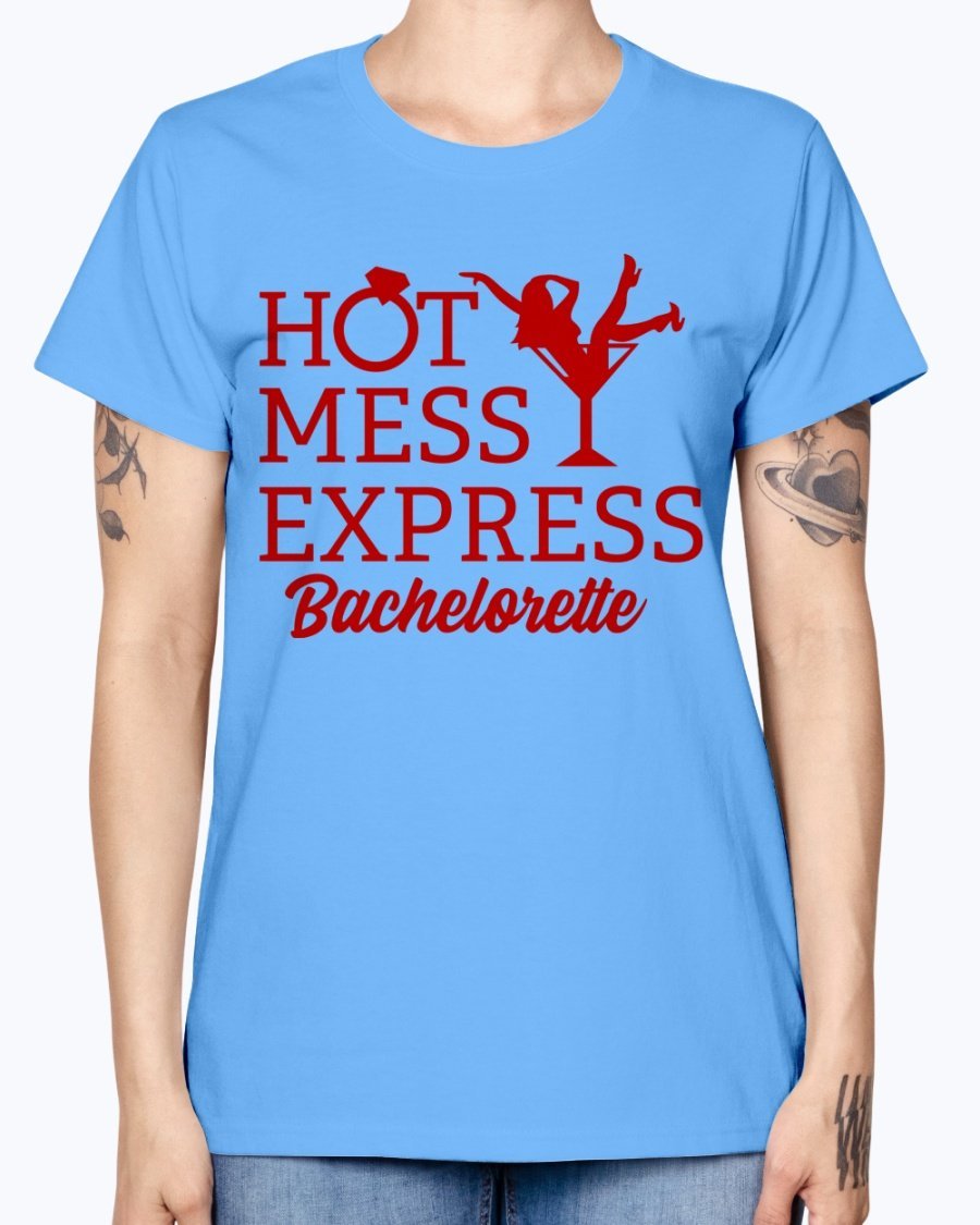 Hot Mess Express Bachelorette T-Shirt in various colors, featuring a scoop neck and cap sleeves, perfect for bridal parties.