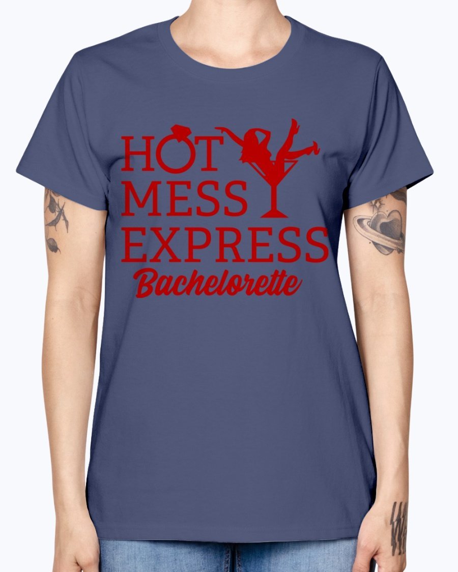 Hot Mess Express Bachelorette T-Shirt in various colors, featuring a scoop neck and cap sleeves, perfect for bridal parties.