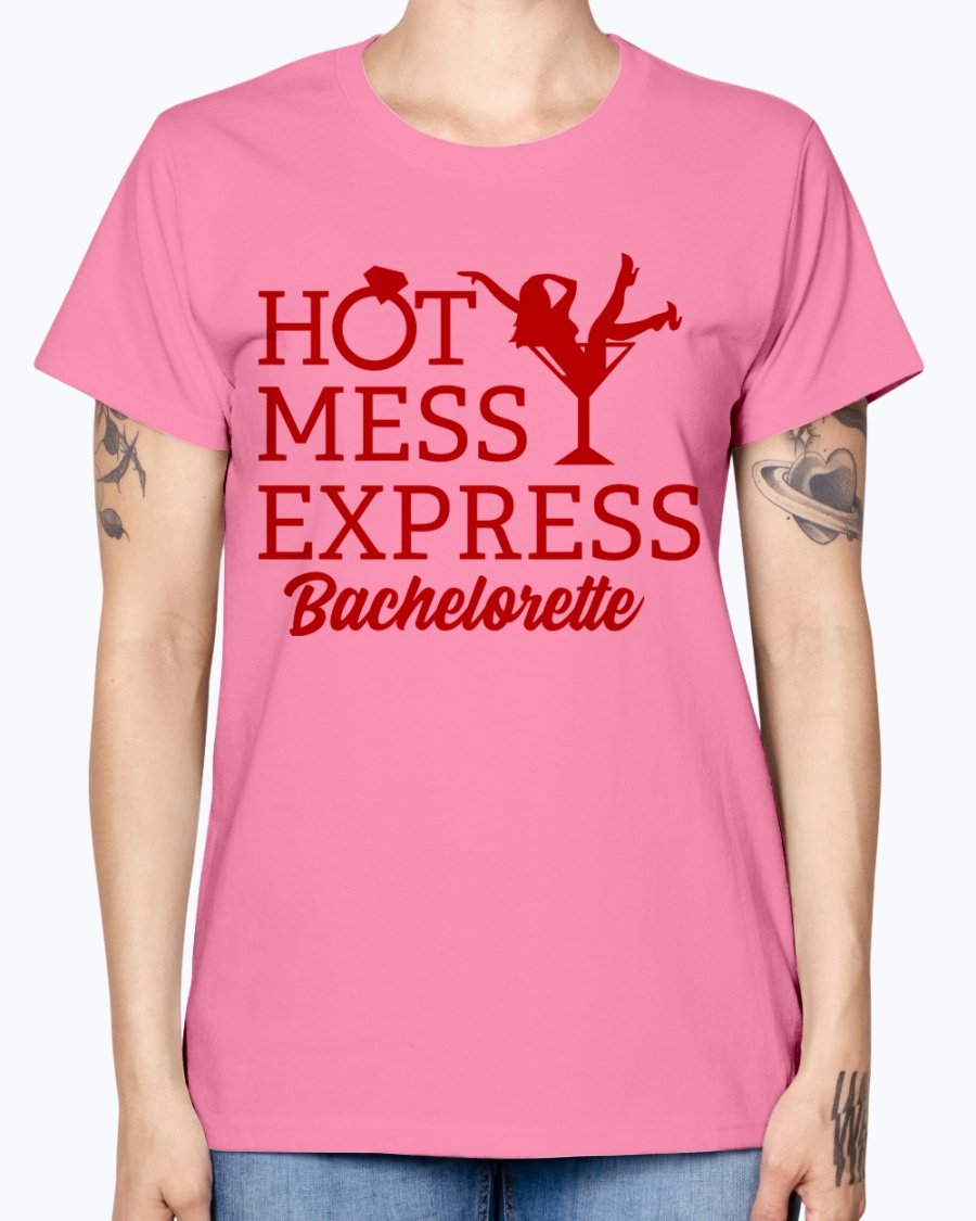Hot Mess Express Bachelorette T-Shirt in various colors, featuring a scoop neck and cap sleeves, perfect for bridal parties.