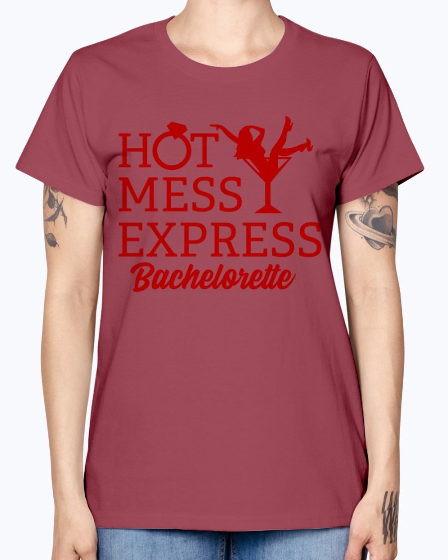 Hot Mess Express Bachelorette T-Shirt in various colors, featuring a scoop neck and cap sleeves, perfect for bridal parties.