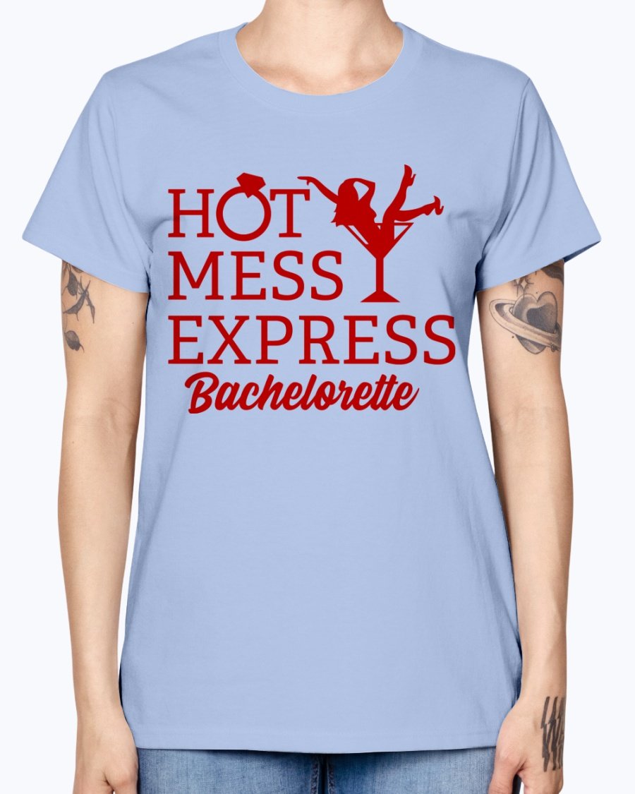 Hot Mess Express Bachelorette T-Shirt in various colors, featuring a scoop neck and cap sleeves, perfect for bridal parties.