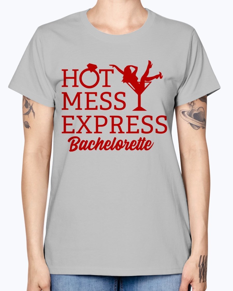 Hot Mess Express Bachelorette T-Shirt in various colors, featuring a scoop neck and cap sleeves, perfect for bridal parties.