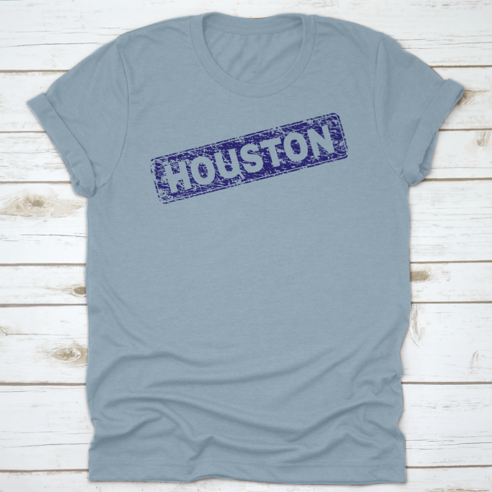 Houston Stamp Seal Print featuring a grunge texture on a classic fit t-shirt, showcasing a stylish design for casual wear.