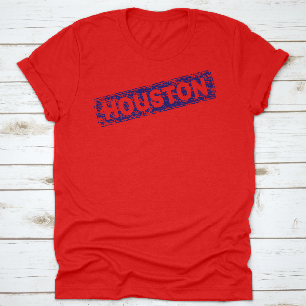 Houston Stamp Seal Print featuring a grunge texture on a classic fit t-shirt, showcasing a stylish design for casual wear.