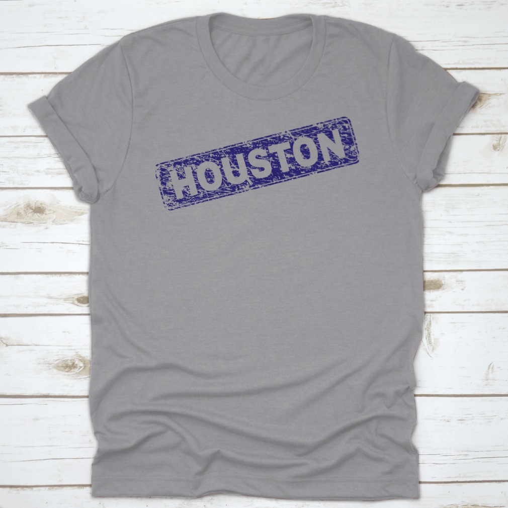 Houston Stamp Seal Print featuring a grunge texture on a classic fit t-shirt, showcasing a stylish design for casual wear.