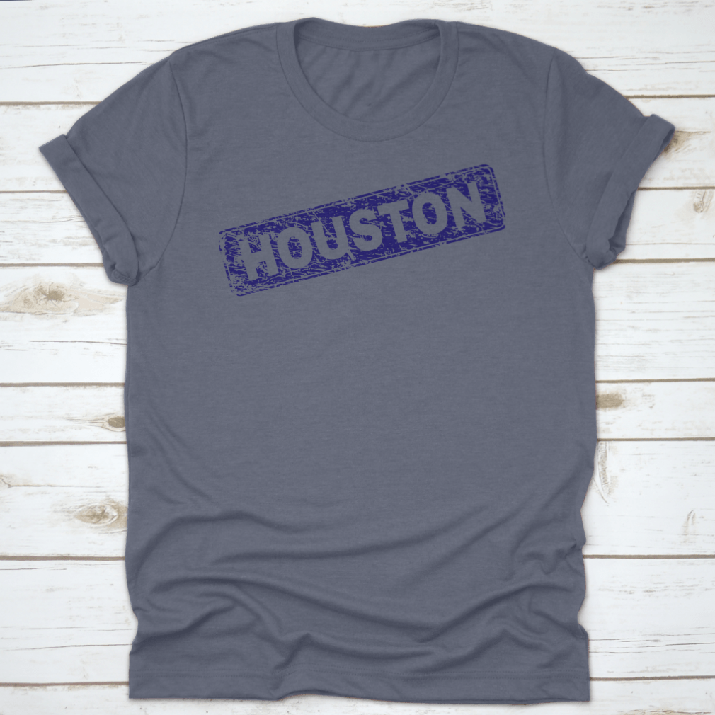 Houston Stamp Seal Print featuring a grunge texture on a classic fit t-shirt, showcasing a stylish design for casual wear.