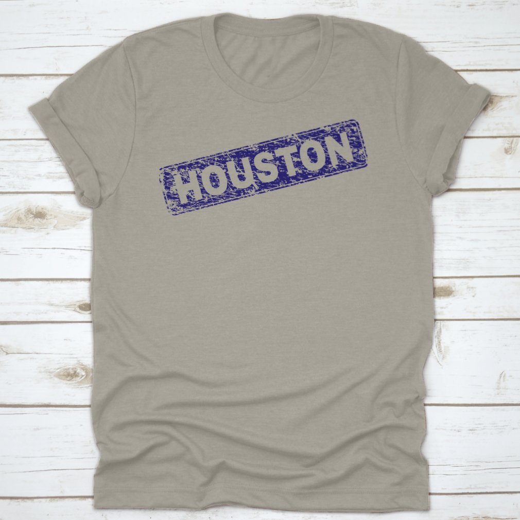 Houston Stamp Seal Print featuring a grunge texture on a classic fit t-shirt, showcasing a stylish design for casual wear.
