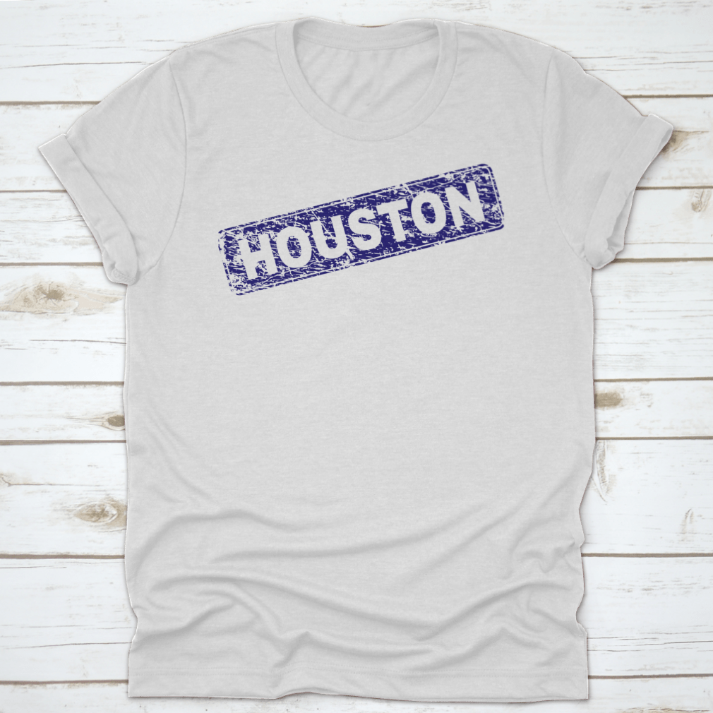 Houston Stamp Seal Print featuring a grunge texture on a classic fit t-shirt, showcasing a stylish design for casual wear.