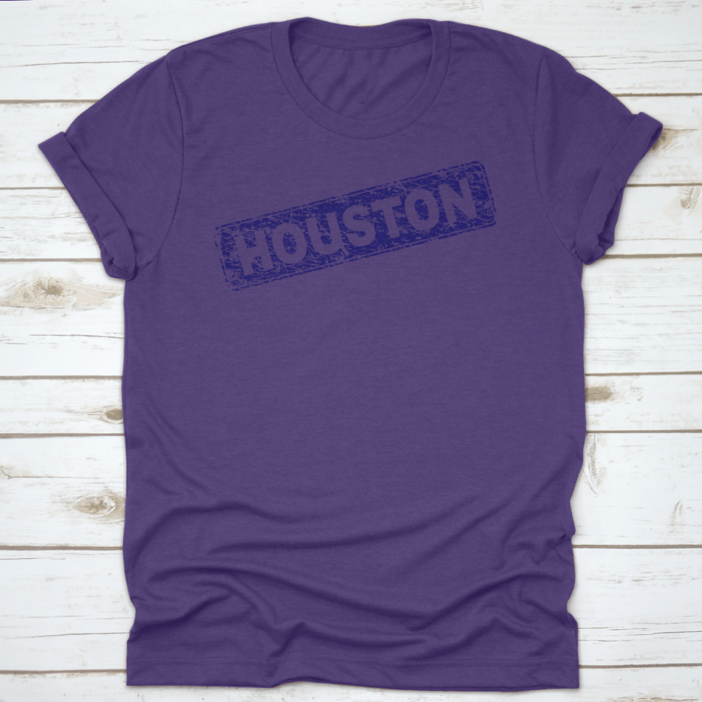 Houston Stamp Seal Print featuring a grunge texture on a classic fit t-shirt, showcasing a stylish design for casual wear.