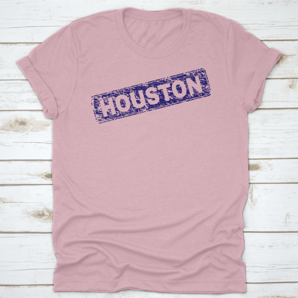 Houston Stamp Seal Print featuring a grunge texture on a classic fit t-shirt, showcasing a stylish design for casual wear.