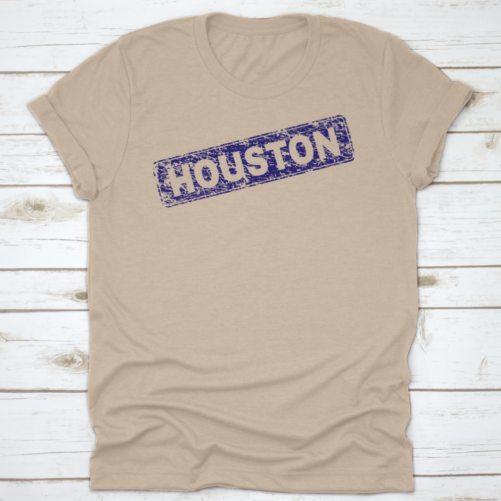 Houston Stamp Seal Print featuring a grunge texture on a classic fit t-shirt, showcasing a stylish design for casual wear.