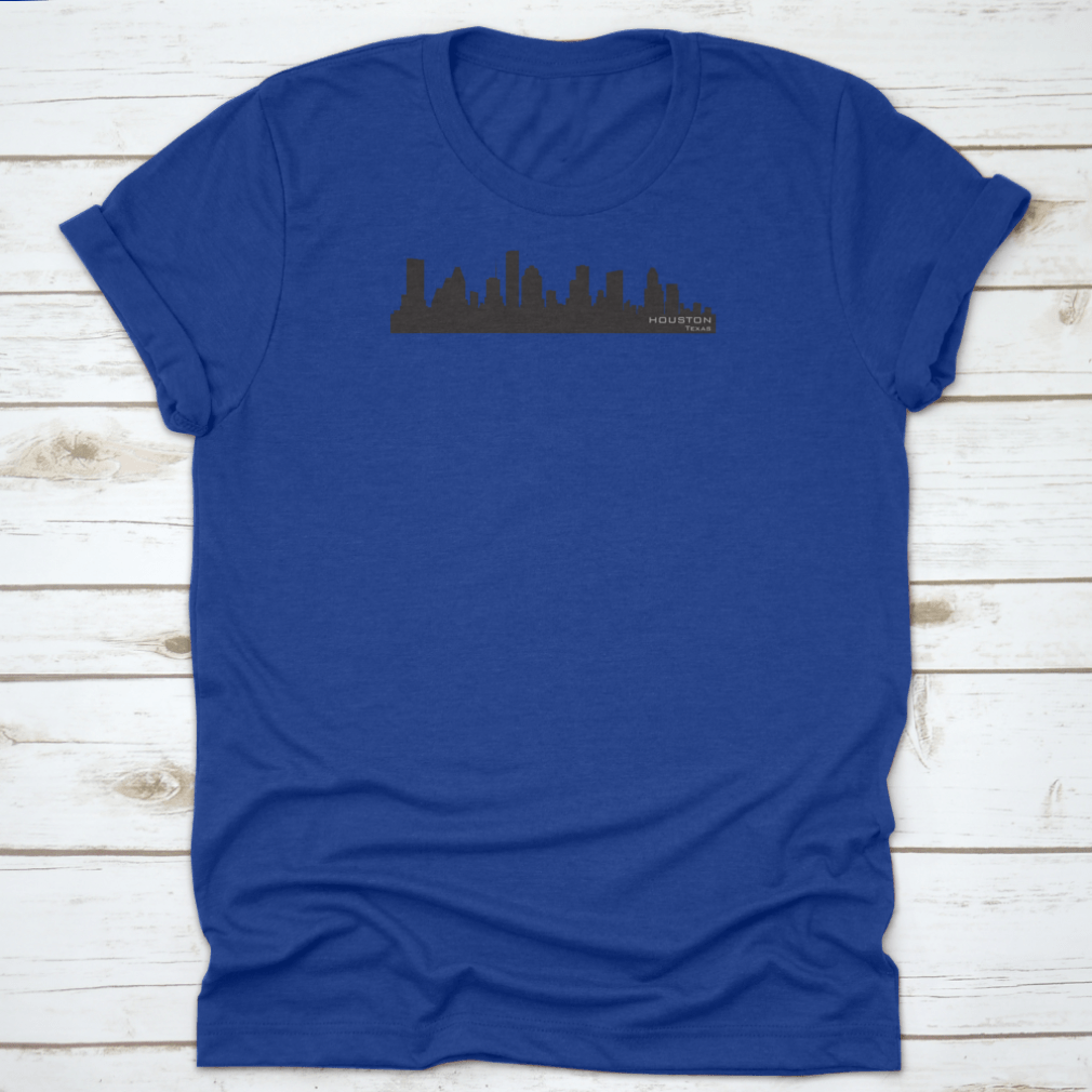 Houston Skyline silhouette t-shirt featuring iconic buildings in a stylish design, made from 100% cotton for comfort.