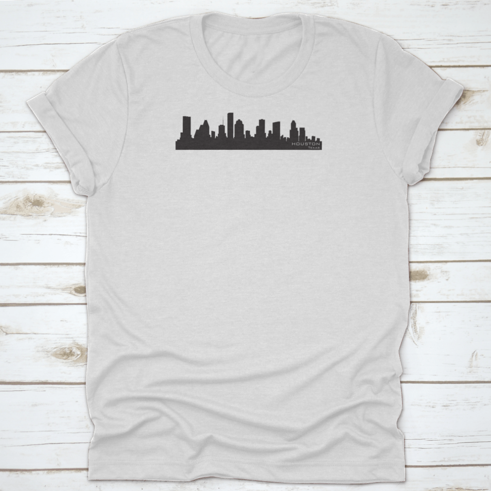 Houston Skyline silhouette t-shirt featuring iconic buildings in a stylish design, made from 100% cotton for comfort.