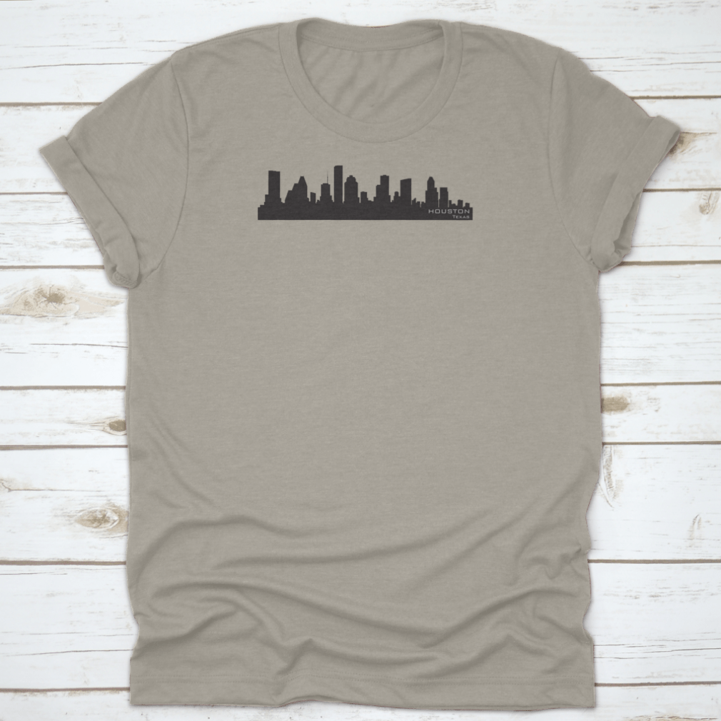 Houston Skyline silhouette t-shirt featuring iconic buildings in a stylish design, made from 100% cotton for comfort.