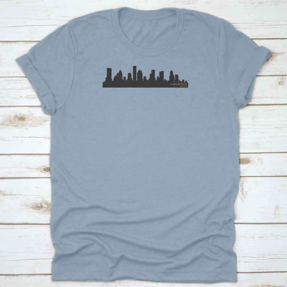 Houston Skyline silhouette t-shirt featuring iconic buildings in a stylish design, made from 100% cotton for comfort.
