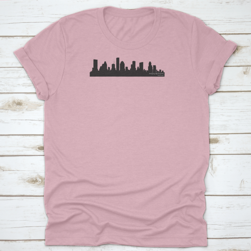 Houston Skyline silhouette t-shirt featuring iconic buildings in a stylish design, made from 100% cotton for comfort.