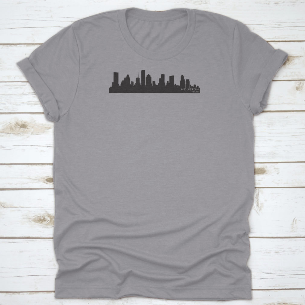 Houston Skyline silhouette t-shirt featuring iconic buildings in a stylish design, made from 100% cotton for comfort.