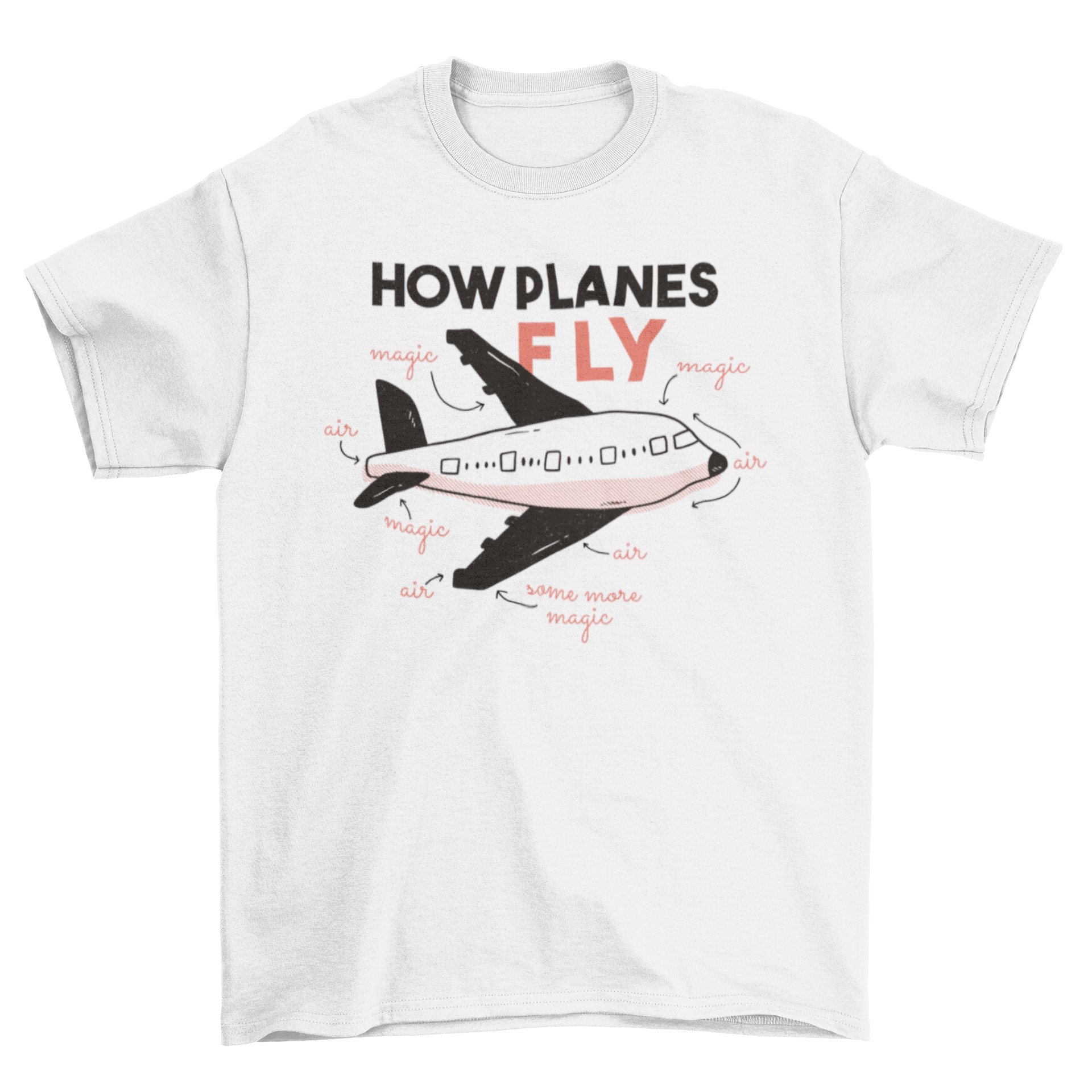 A whimsical t-shirt featuring an airplane illustration with labeled parts like 'magic' and 'air'.