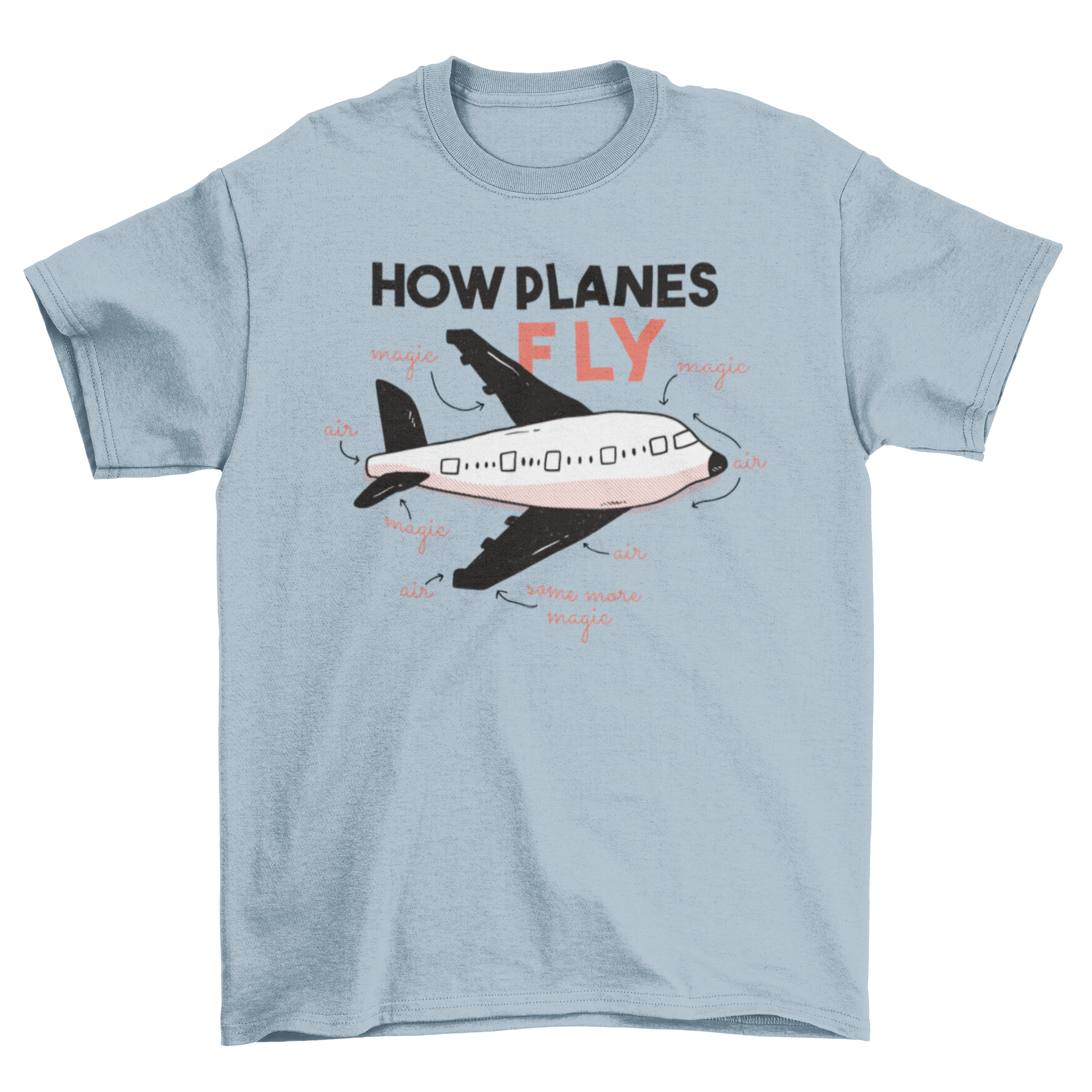A whimsical t-shirt featuring an airplane illustration with labeled parts like 'magic' and 'air'.
