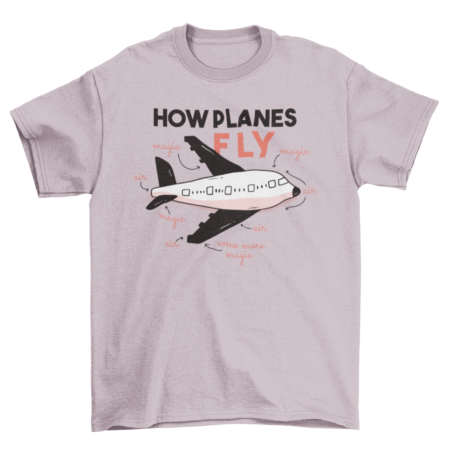 A whimsical t-shirt featuring an airplane illustration with labeled parts like 'magic' and 'air'.
