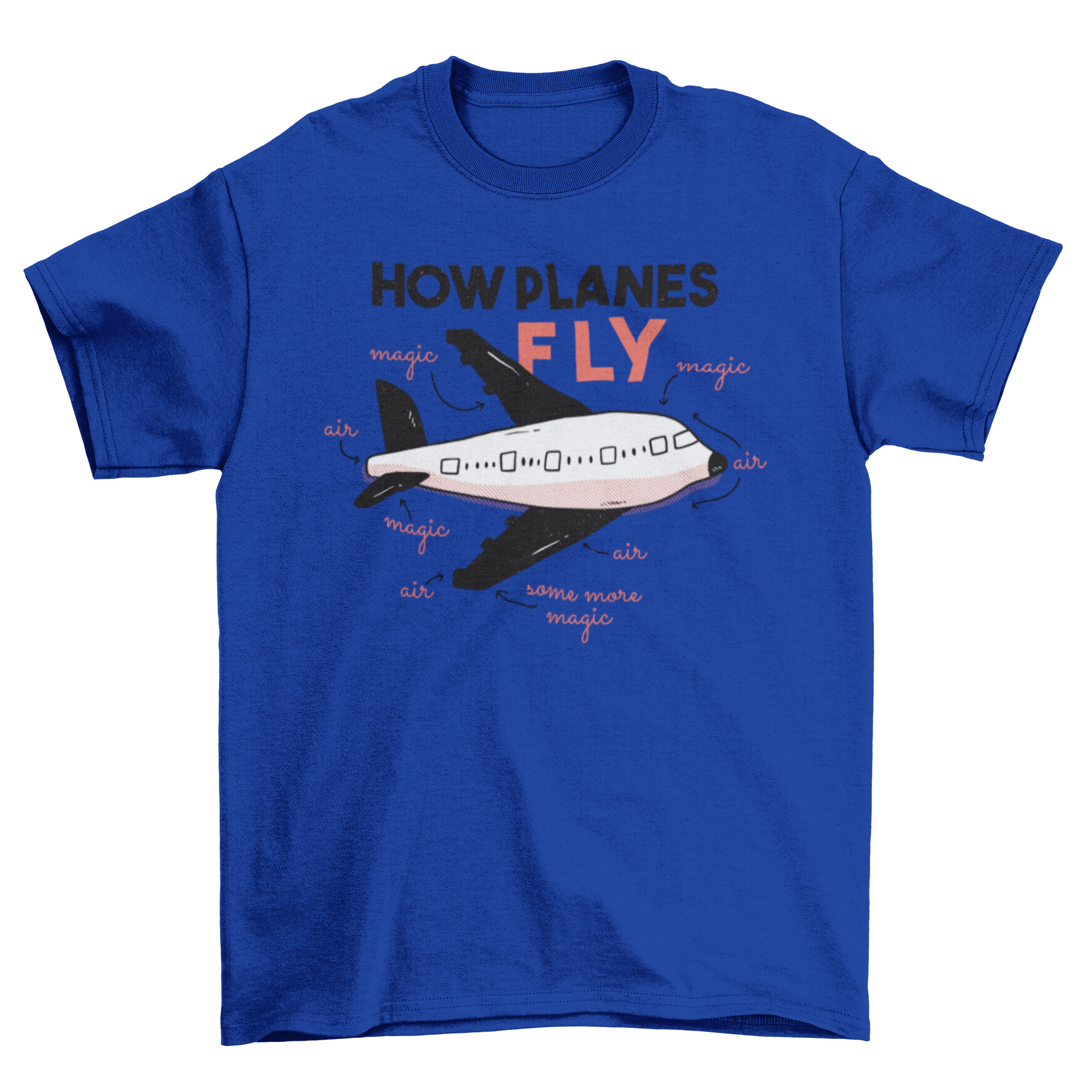 A whimsical t-shirt featuring an airplane illustration with labeled parts like 'magic' and 'air'.